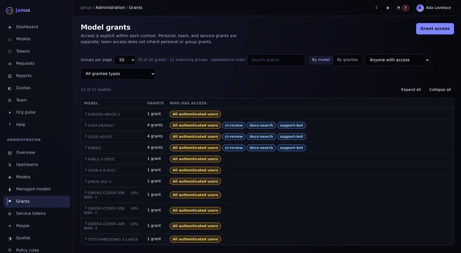 Janus Model grants screen with demo data