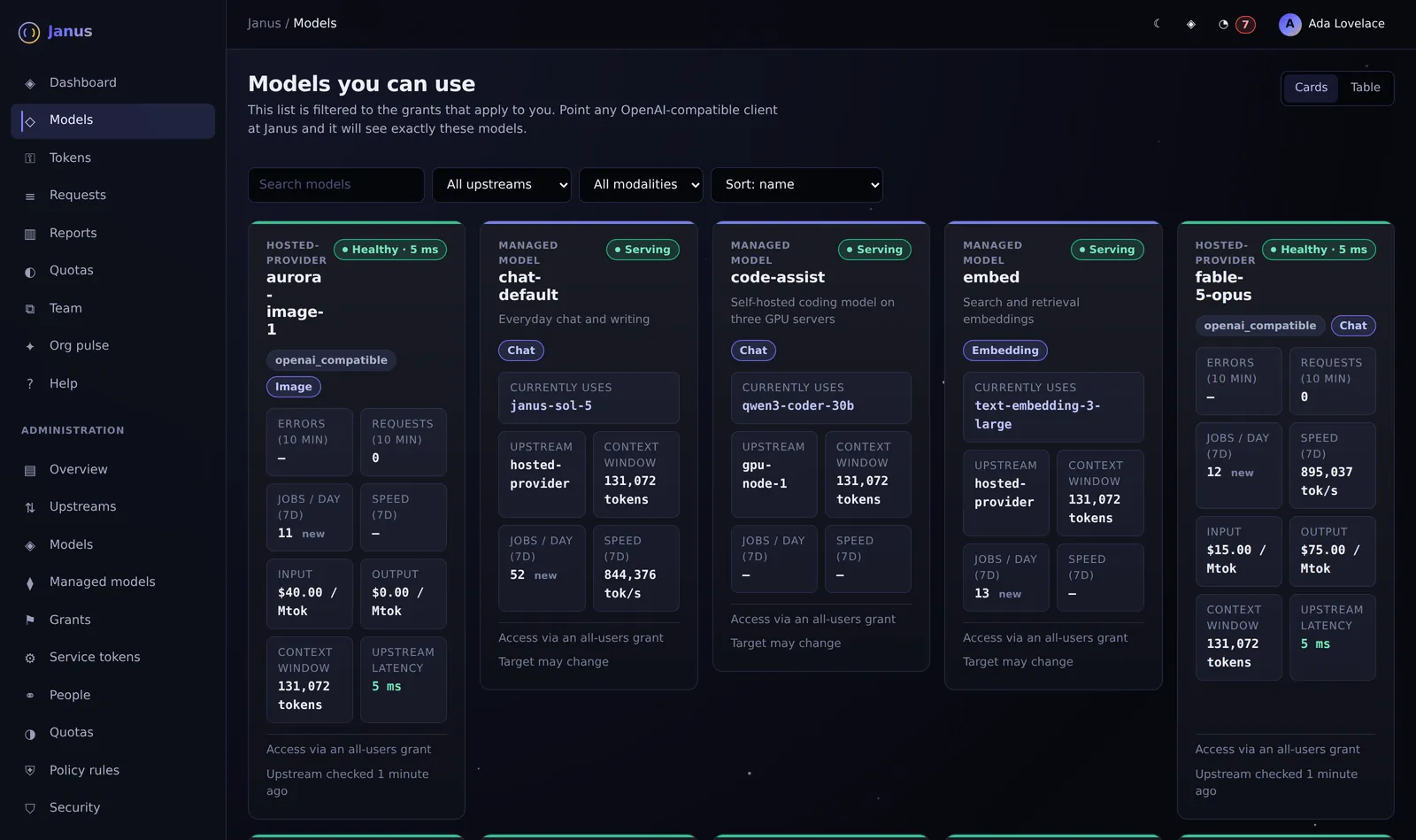 Janus Model catalog screen with demo data