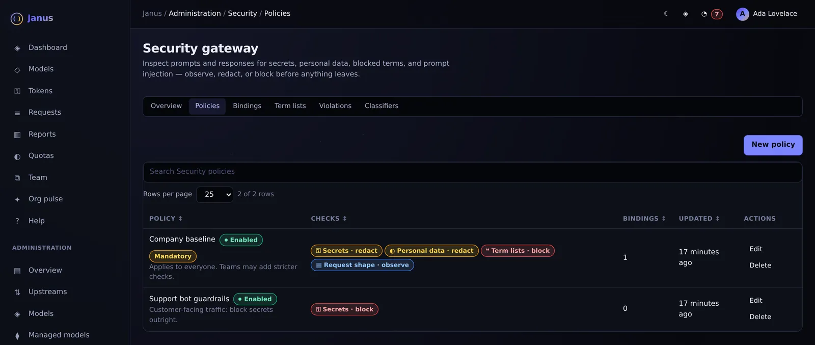 Janus Security policies screen with demo data