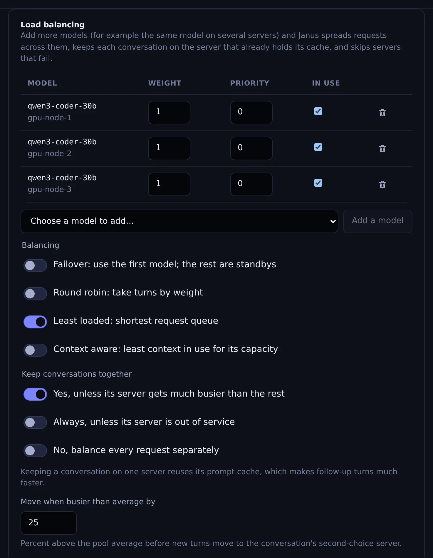 Janus Pool settings screen with demo data