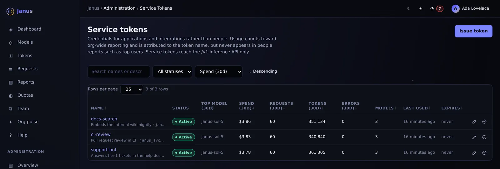 Janus Service tokens screen with demo data