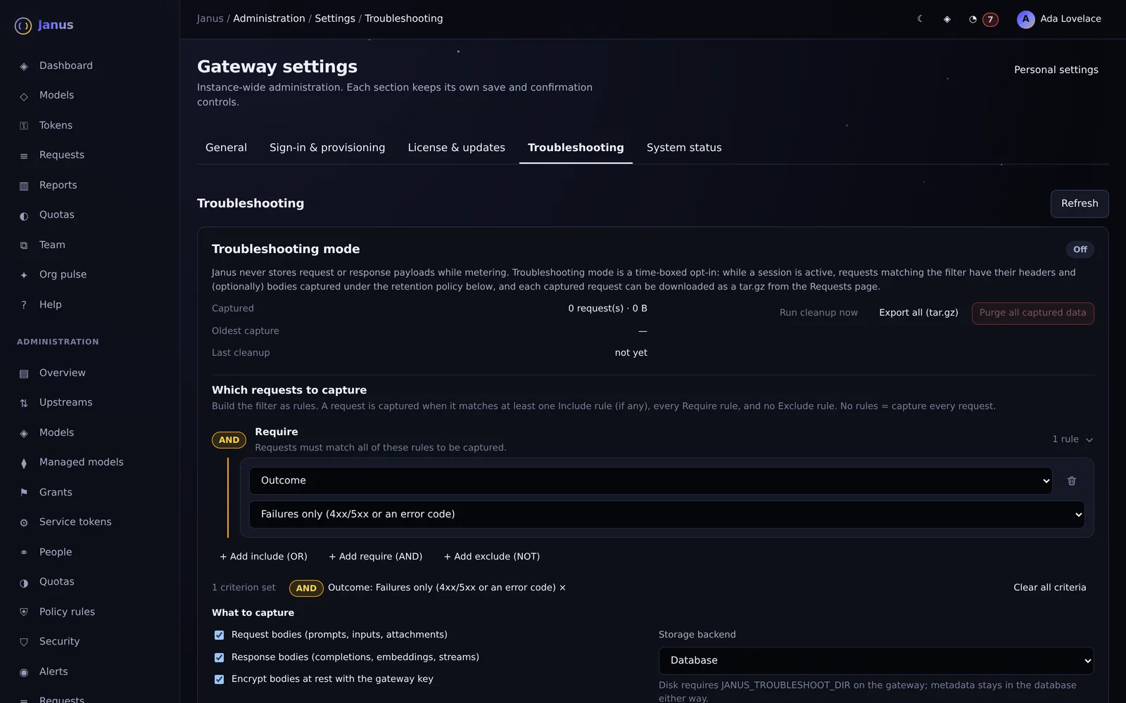 Janus Troubleshooting capture screen with demo data